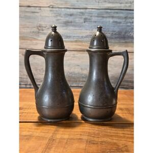 Vintage Federal 101 Pewter Salt Pepper Shakers Pitcher Style Handles Lids Set